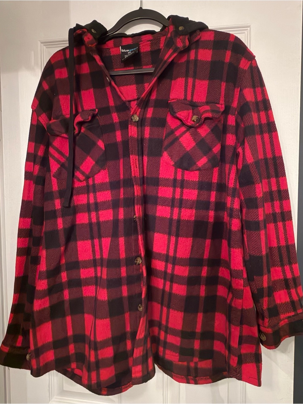 Blue Gear Red Black Plaid Flannel Hooded Jacket XL